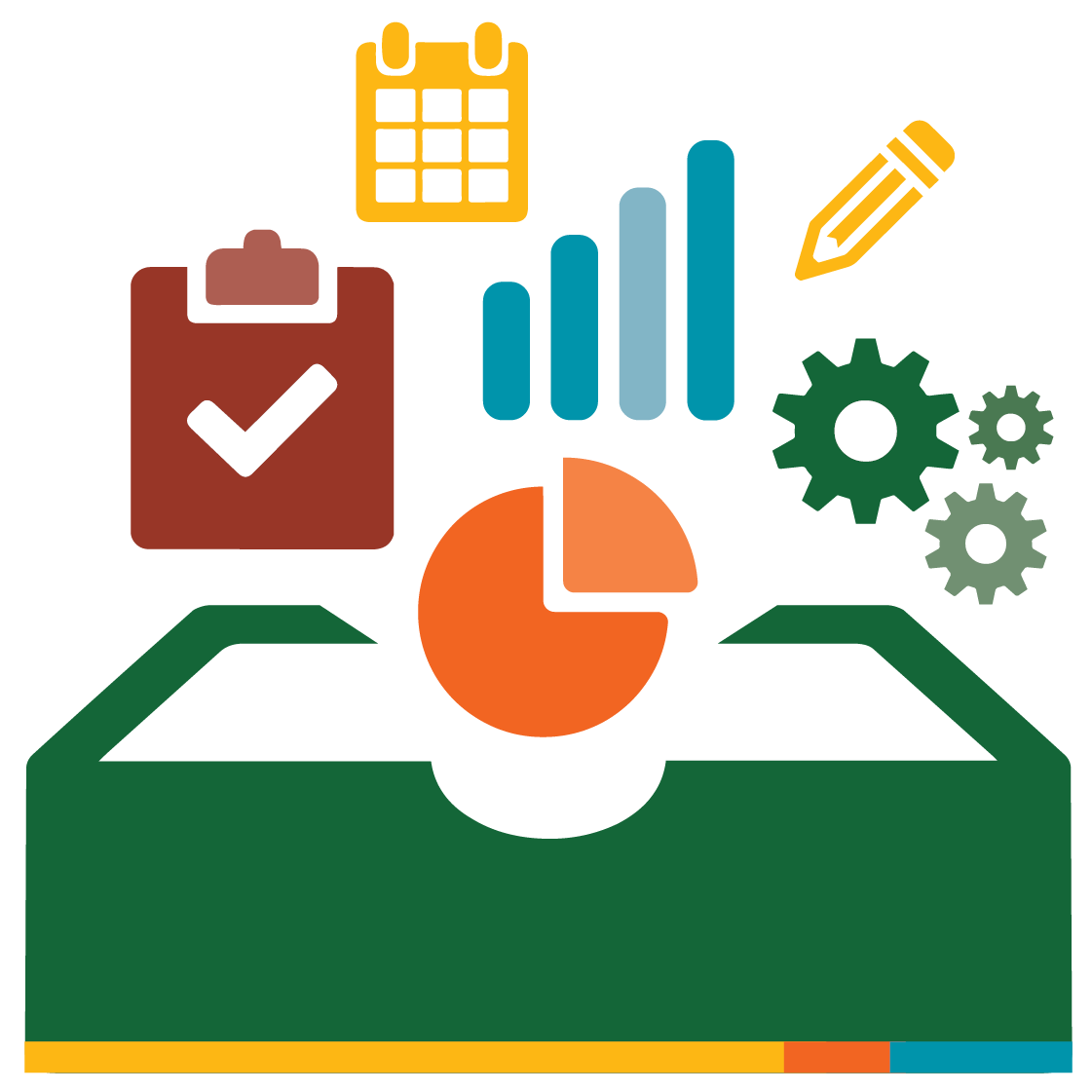 Clipart graphic of a toolbox containing charts, a calendar, and a pencil
